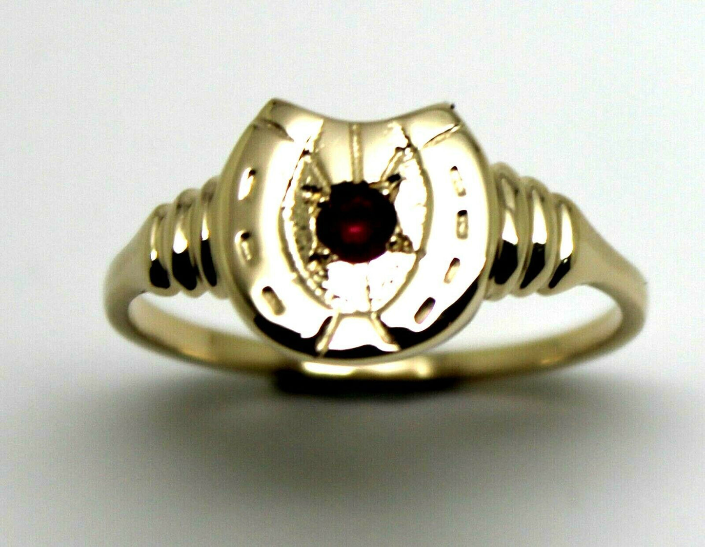Size N 1/2,  Large 9ct 9k Genuine Yellow, Rose or White Gold 3mm Ruby Lucky Horse Shoe Ring