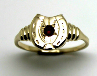 Size N 1/2,  Large 9ct 9k Genuine Yellow, Rose or White Gold 3mm Ruby Lucky Horse Shoe Ring