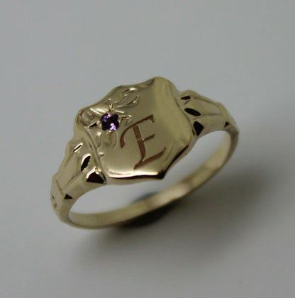 Genuine 9ct Small Yellow Gold Amethyst Shield Signet Ring + Engraving Of One Initial - Choose your size