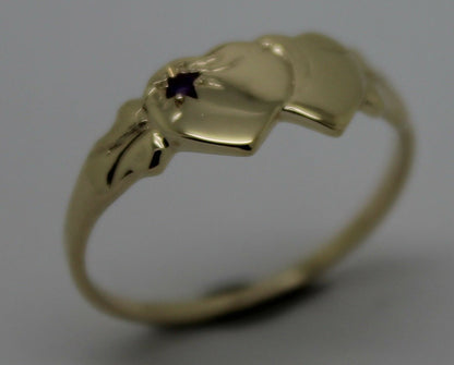 Genuine 9ct Yellow Gold 375 Amethyst (Birthstone Of February) Double Heart Signet Ring