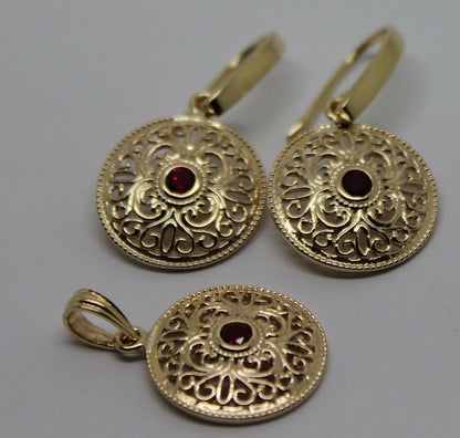 Kaedesigns Genuine 9K 9ct Yellow, Rose or White Gold Filigree Ruby Pendant & Earrings Set