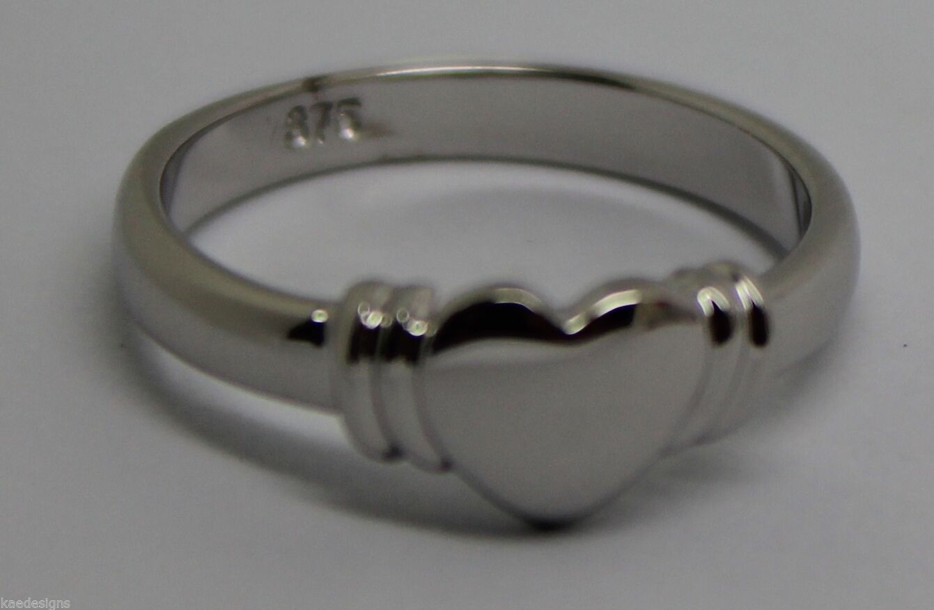 Genuine 9ct 9k Small Solid White Gold Heart Signet Ring - Ring size F
