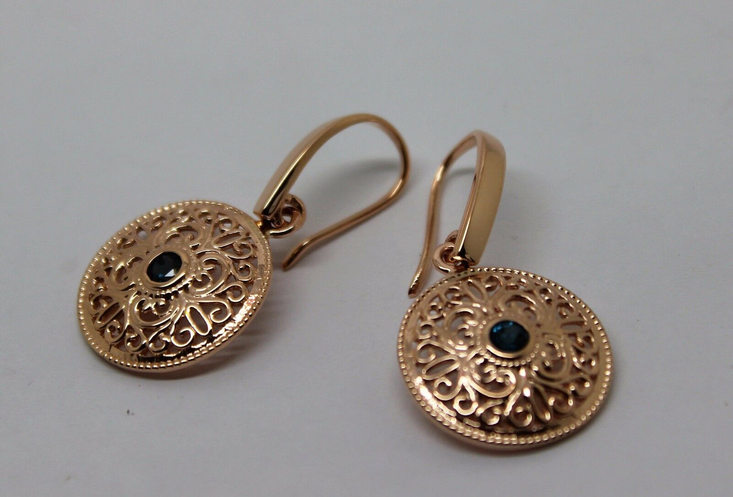 Genuine 9ct Solid Yellow, Rose or White Gold Round London Blue Topaz Filigree Earrings