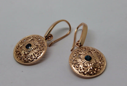 Genuine 9ct Solid Yellow, Rose or White Gold Round London Blue Topaz Filigree Earrings