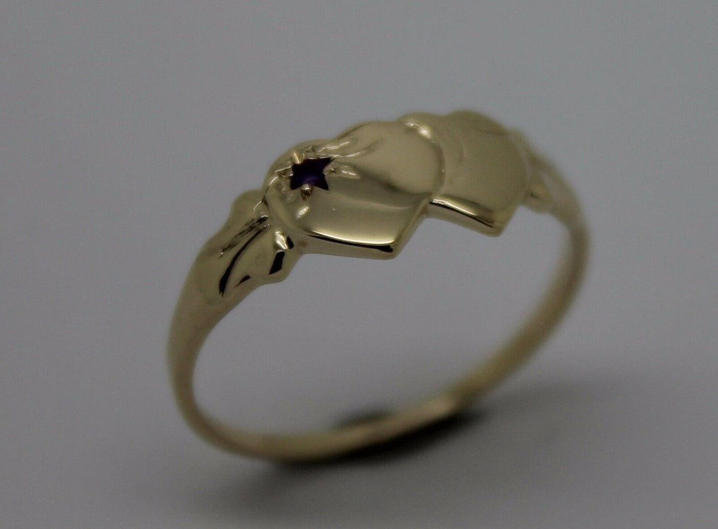 Genuine 9ct Yellow Gold 375 Amethyst (Birthstone Of February) Double Heart Signet Ring