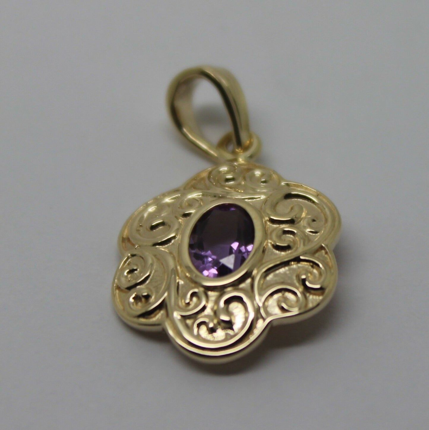 Kadesigns New 9ct 9k Yellow, Rose or White Gold Antique Purple Amethyst Filigree Pendant