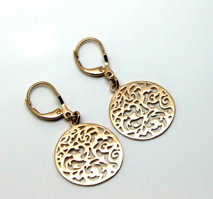Genuine 9ct Yellow, Rose Or White Gold Antique Filigree Drop Earrings Continental hooks