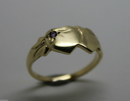 Genuine 9ct Yellow Gold 375 Amethyst (Birthstone Of February) Double Heart Signet Ring