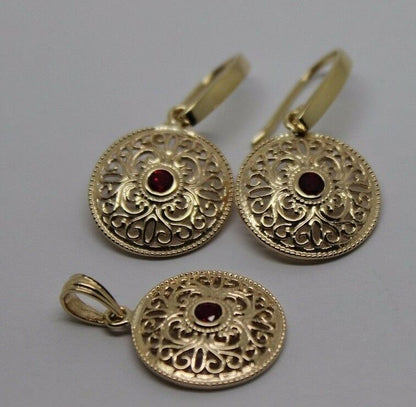 Kaedesigns Genuine 9K 9ct Yellow, Rose or White Gold Filigree Ruby Pendant & Earrings Set