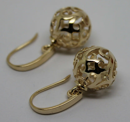 Genuine 9ct Yellow, Rose or White Gold Large Heavy 14mm Thick Hooks Ball Drop Filigree Earrings