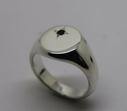 Genuine Solid Sterling Silver 925 Oval Black Sapphire Signet Ring - Choose your size