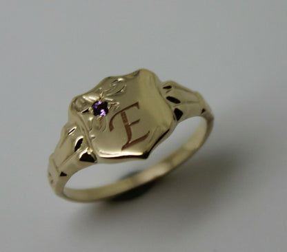 Genuine 9ct Small Yellow Gold Amethyst Shield Signet Ring + Engraving Of One Initial - Choose your size