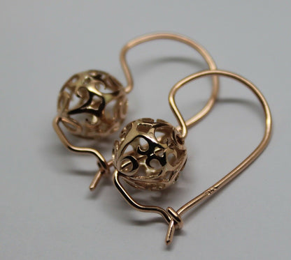Genuine Solid 9ct 9k 375 Yellow, Rose or White Gold 10mm Euro Ball Drop Filigree Flower Earrings