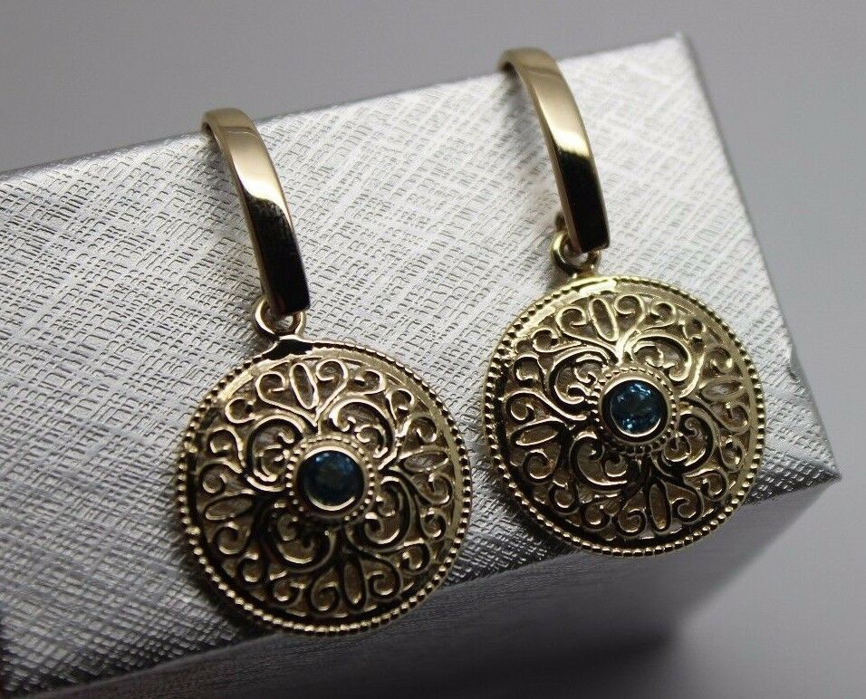Genuine 9ct Solid Yellow, Rose or White Gold Blue Topaz Filigree Round Drop Earrings
