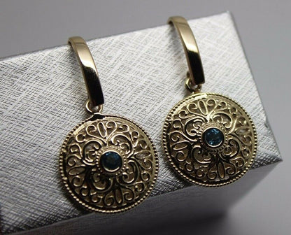 Genuine 9ct Solid Yellow, Rose or White Gold Blue Topaz Filigree Round Drop Earrings