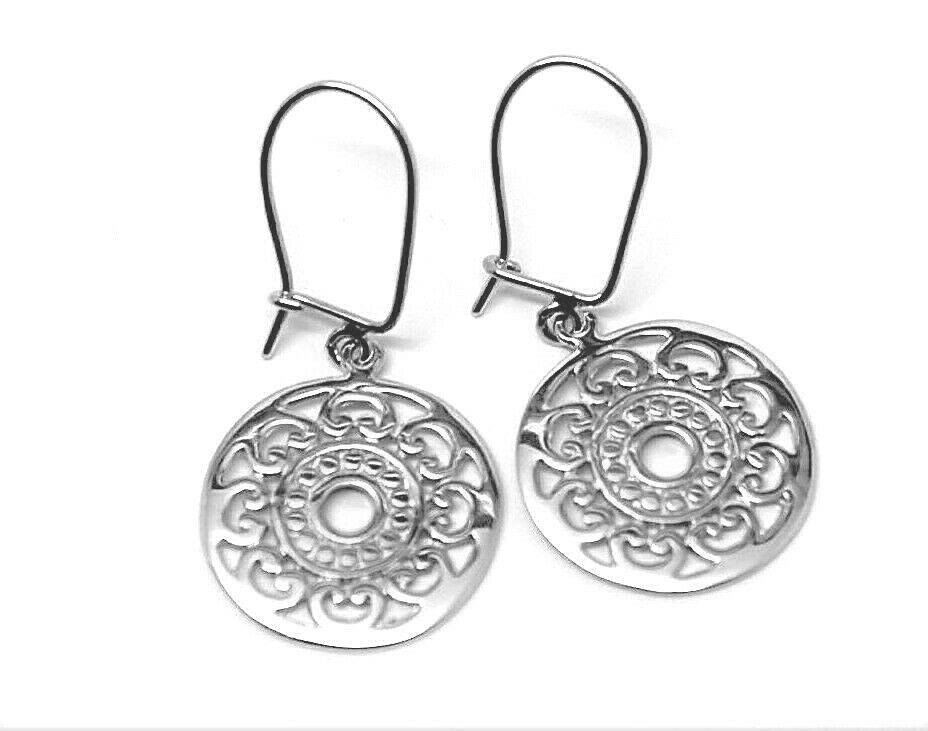 Genuine 9ct Yellow, Rose Or White Gold Flat Filigree Drop Round Closed Hooks Earrings