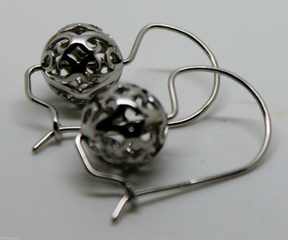 Genuine 9ct 9k 375 White Gold 12mm Ball Drop Filigree Earrings