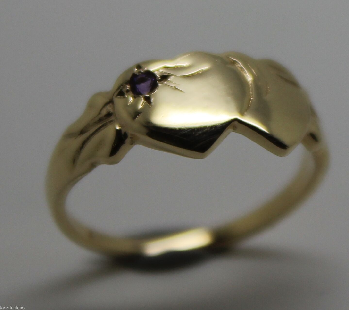 Genuine 9ct Yellow Gold 375 Amethyst (Birthstone Of February) Double Heart Signet Ring