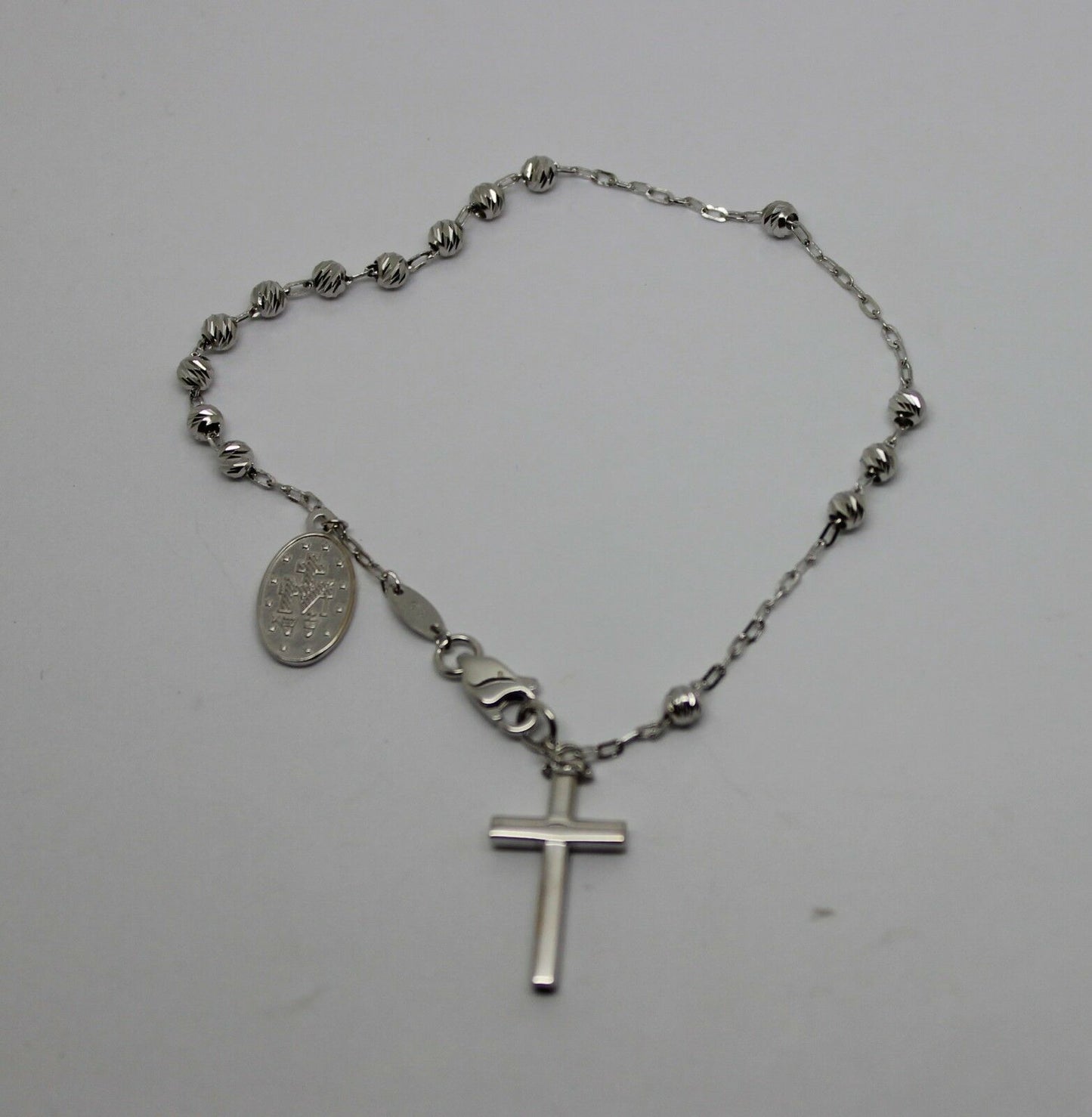 Genuine 18ct 750 White Gold Rosary Beads Cross Bracelet