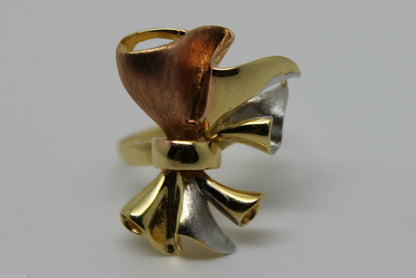 Size M Solid 18ct 750 Rose, Yellow And White Gold Bow Ring
