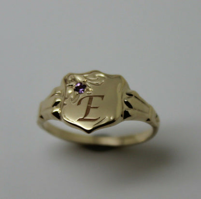 Genuine 9ct Small Yellow Gold Amethyst Shield Signet Ring + Engraving Of One Initial - Choose your size