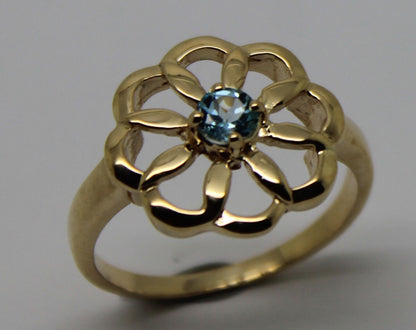 Genuine 9ct Yellow, Rose or White Gold Blue Topaz November Stone Flower Ring