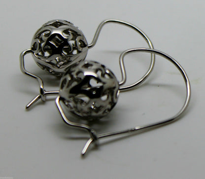 Genuine 9ct 9k 375 White Gold 12mm Ball Drop Filigree Earrings