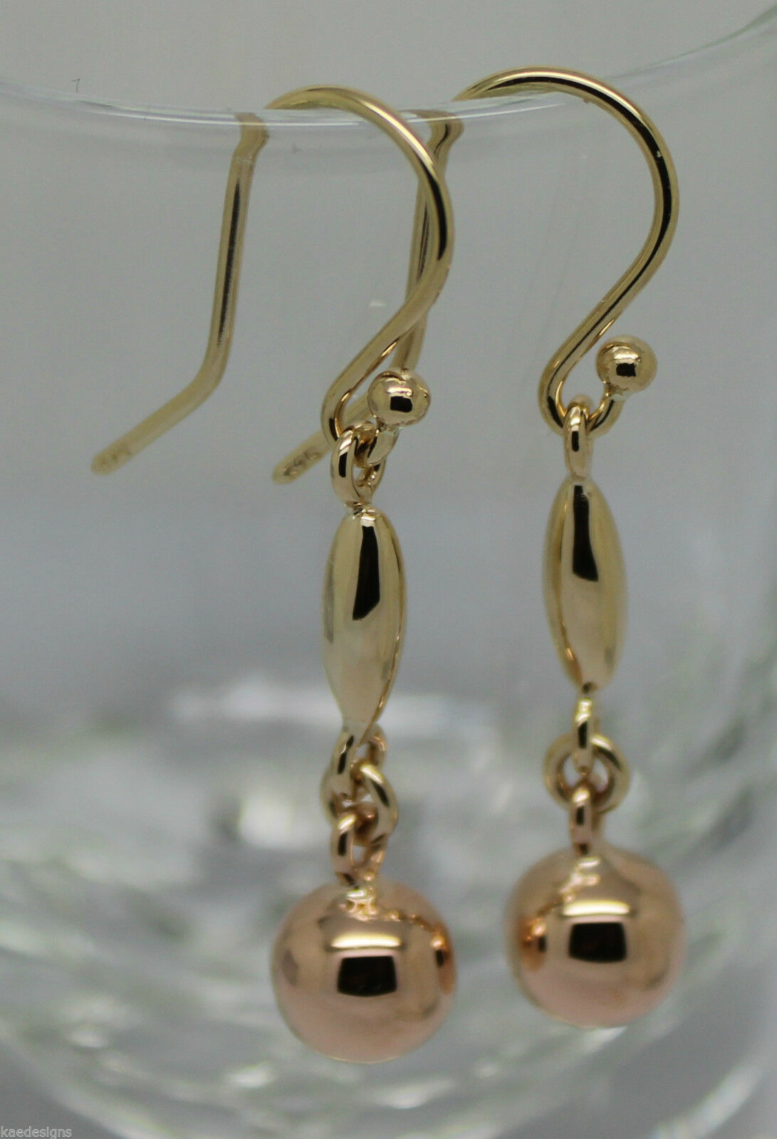 Genuine 9ct Yellow & Rose Gold 8mm Ball Long Drop Earrings