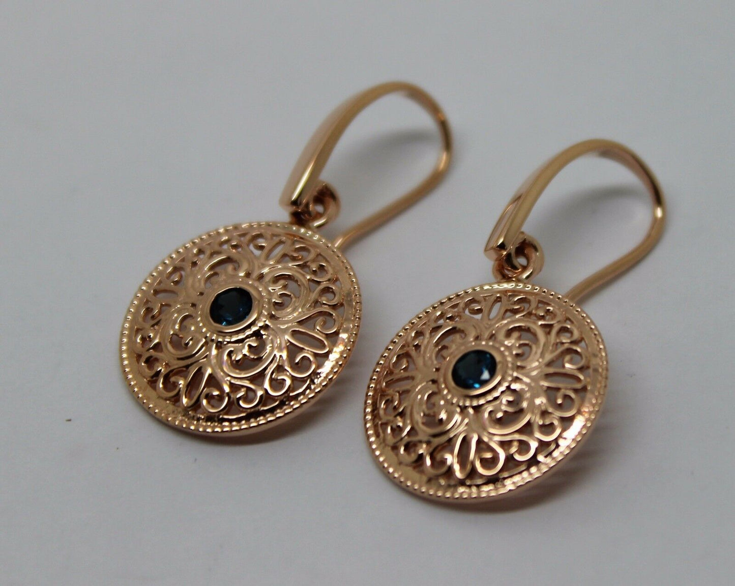 Genuine 9ct Solid Yellow, Rose or White Gold Round London Blue Topaz Filigree Earrings