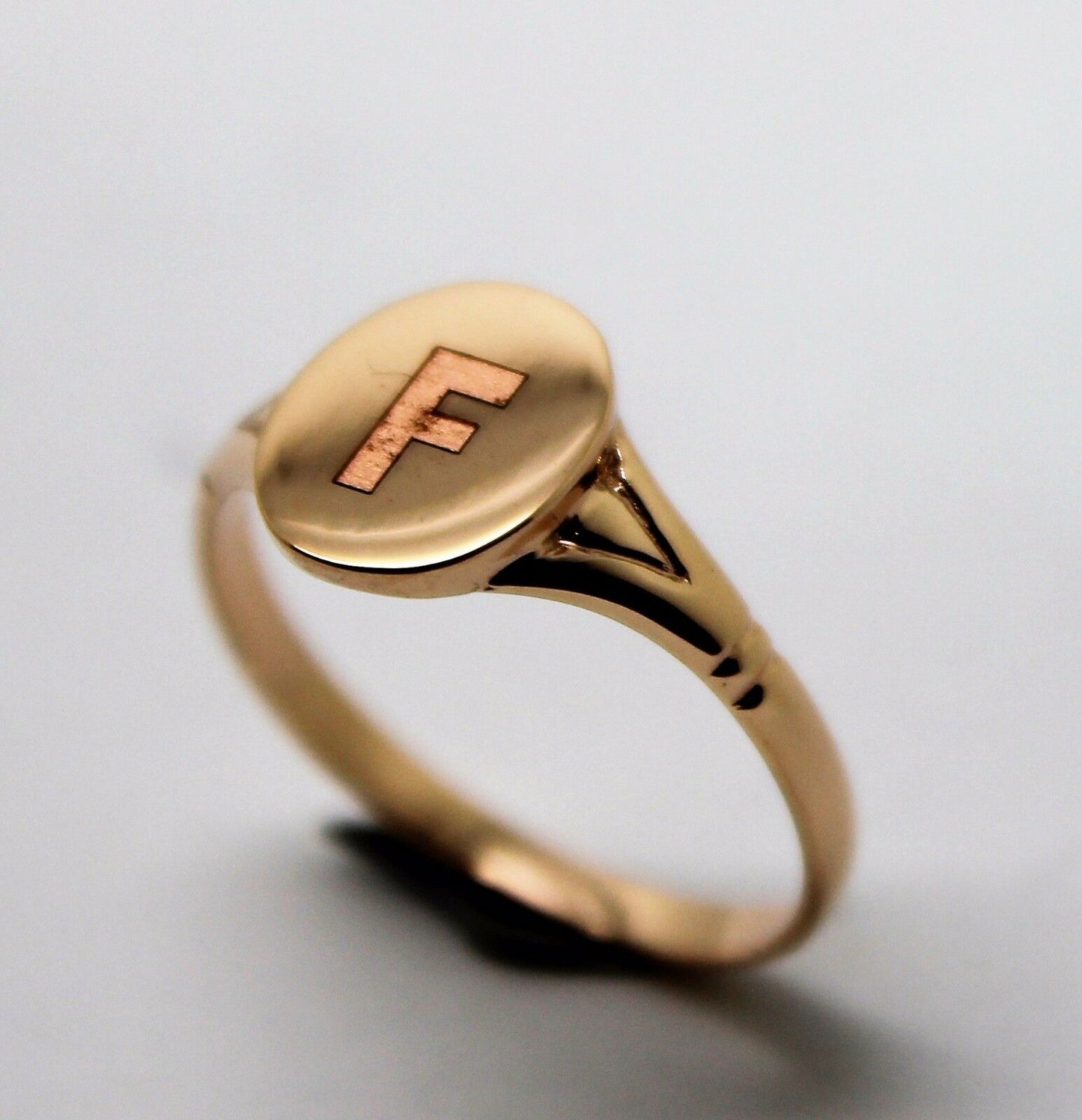 Size K Kaedesigns Genuine 9ct Yellow, Rose or white Gold Oval Signet Ring Engraved "Letter F"