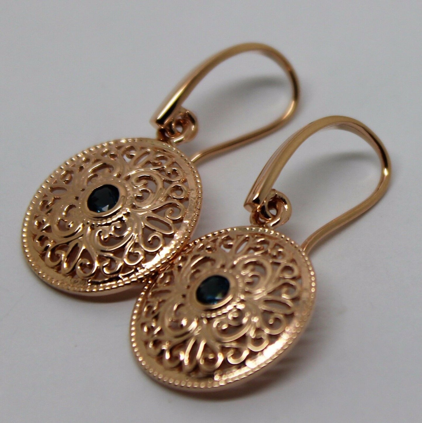 Genuine 9ct Solid Yellow, Rose or White Gold Round London Blue Topaz Filigree Earrings