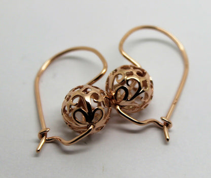 Genuine Solid 9ct 9k 375 Yellow, Rose or White Gold 10mm Euro Ball Drop Filigree Flower Earrings