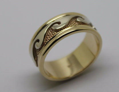 Solid Genuine 9ct 9kt Yellow And White Gold Mens Surf Wave Ring - Choose your ring size