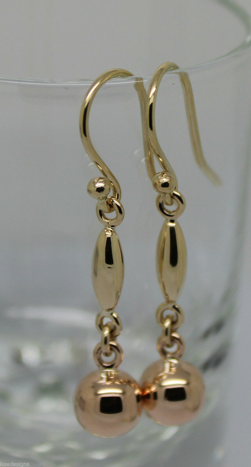 Genuine 9ct Yellow & Rose Gold 8mm Ball Long Drop Earrings