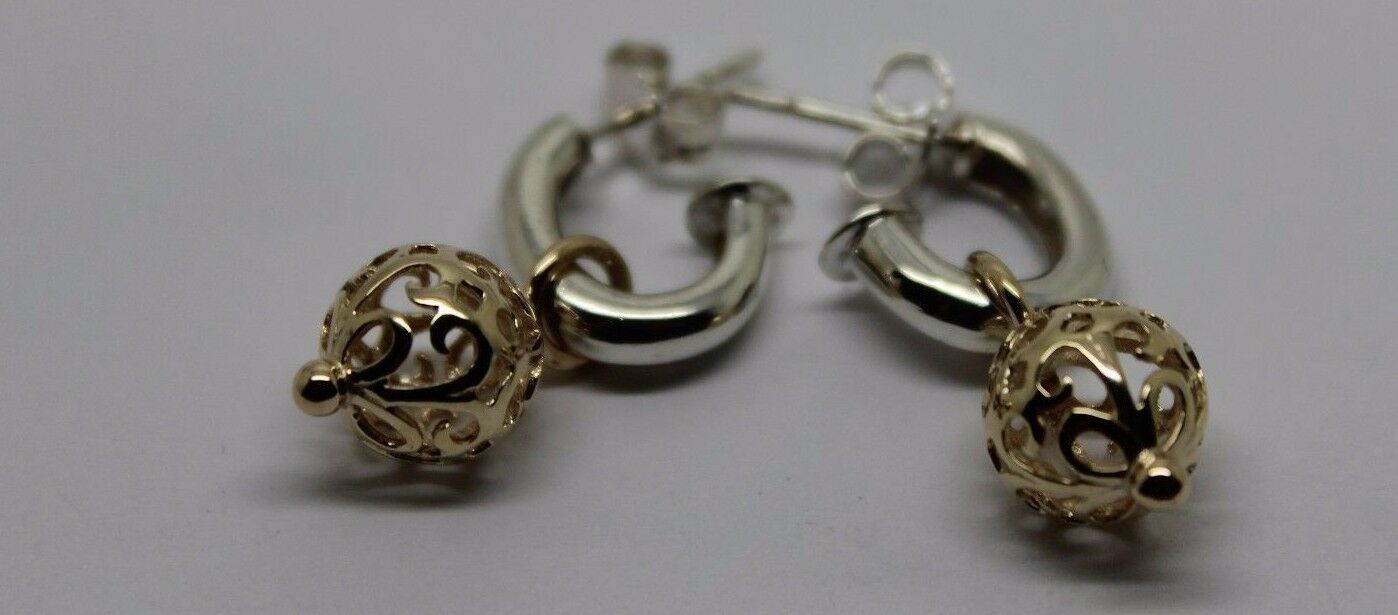 Genuine New 9ct 9k Yellow Gold & Sterling Silver Filigree Ball Stud Earrings