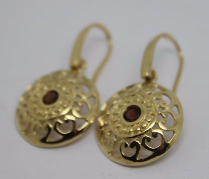 Genuine Heavy 9ct Solid Yellow, Rose or White Gold Antique Red Garnet Filigree Drop Earrings