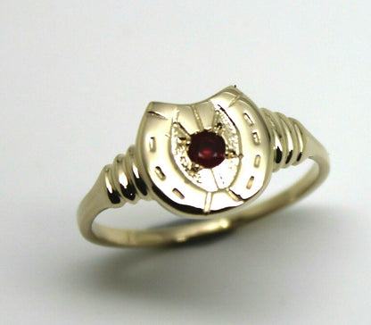 Size N 1/2,  Large 9ct 9k Genuine Yellow, Rose or White Gold 3mm Ruby Lucky Horse Shoe Ring