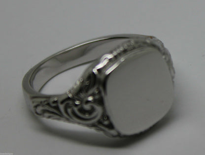 Genuine Solid Large Mens 9ct White Gold Square Engraved Signet Ring Size V
