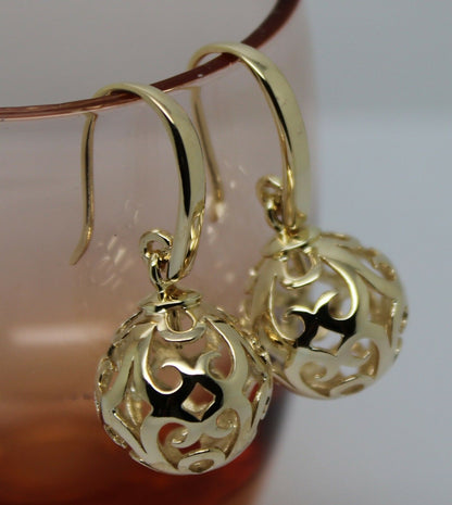Genuine 9ct Yellow, Rose or White Gold Large Heavy 14mm Thick Hooks Ball Drop Filigree Earrings
