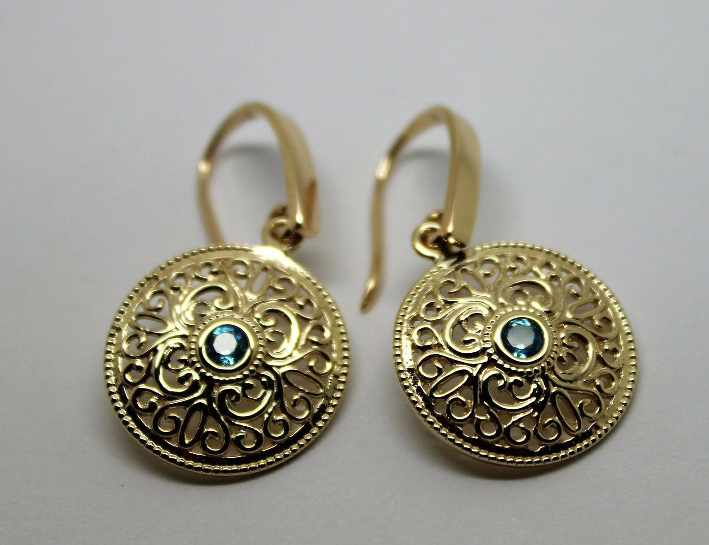 Genuine 9ct Solid Yellow, Rose or White Gold Blue Topaz Filigree Round Drop Earrings