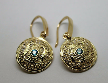 Genuine 9ct Solid Yellow, Rose or White Gold Blue Topaz Filigree Round Drop Earrings