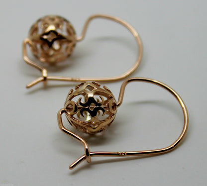 Genuine Solid 9ct 9k 375 Yellow, Rose or White Gold 10mm Euro Ball Drop Filigree Flower Earrings