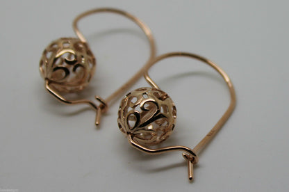 Genuine Solid 9ct 9k 375 Yellow, Rose or White Gold 10mm Euro Ball Drop Filigree Flower Earrings