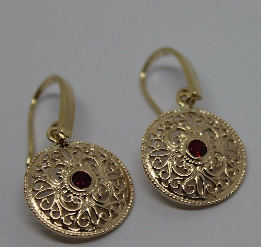 New 9ct Solid Yellow, Rose or White Gold Antique Ruby Filigree Drop Earrings -July Birthstone