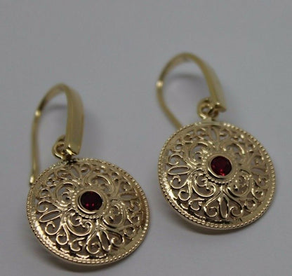 New 9ct Solid Yellow, Rose or White Gold Antique Ruby Filigree Drop Earrings -July Birthstone