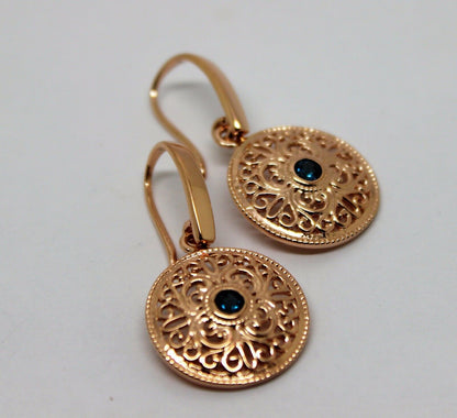 Genuine 9ct Solid Yellow, Rose or White Gold Round London Blue Topaz Filigree Earrings