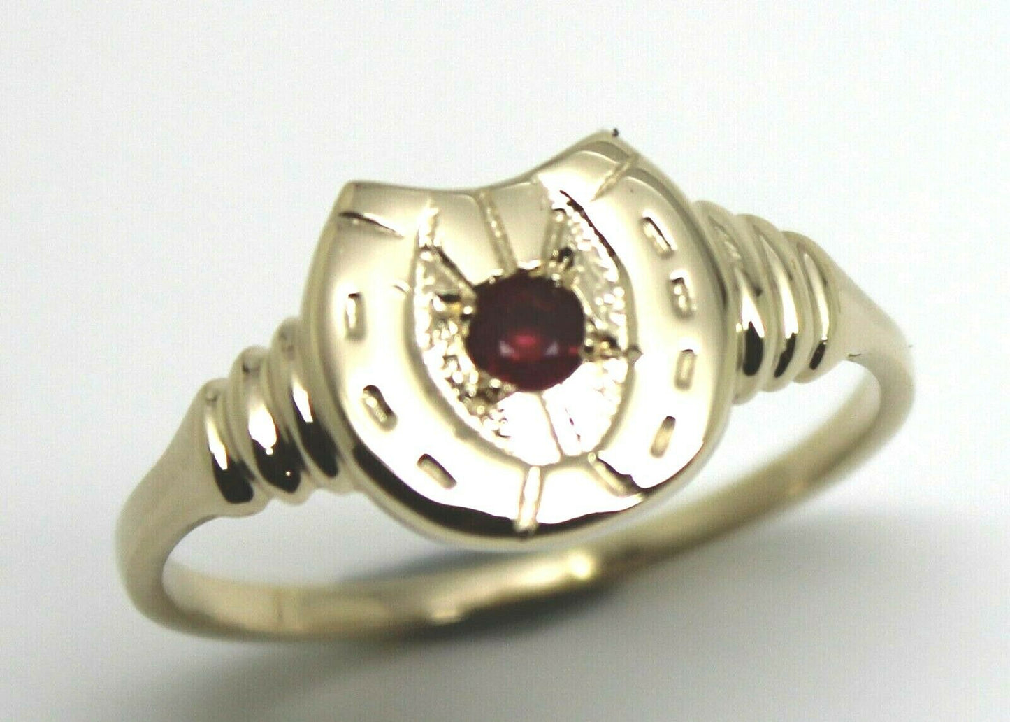 Size N 1/2,  Large 9ct 9k Genuine Yellow, Rose or White Gold 3mm Ruby Lucky Horse Shoe Ring