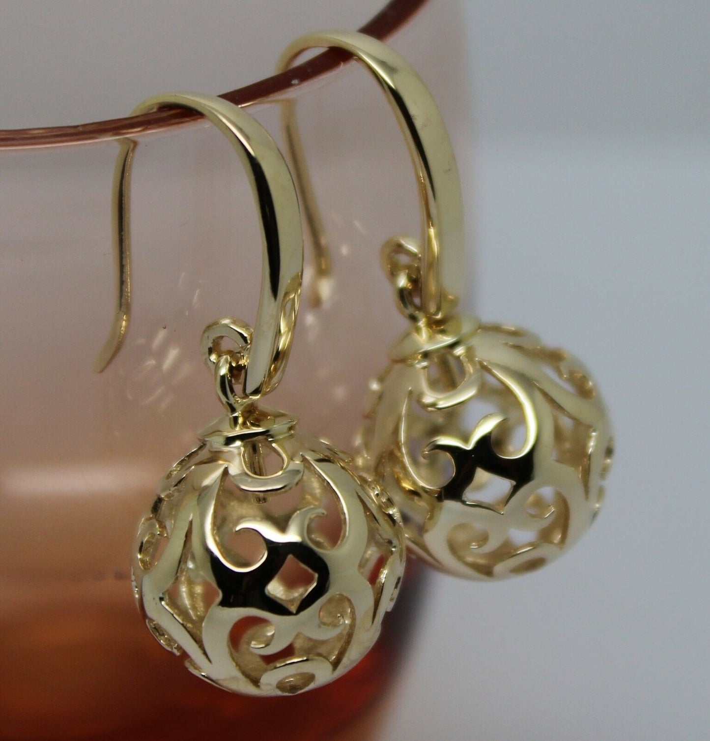 Genuine 9ct Yellow, Rose or White Gold Large Heavy 14mm Thick Hooks Ball Drop Filigree Earrings