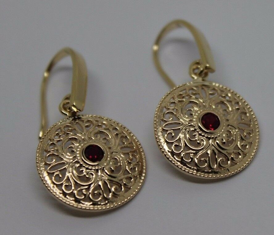 New 9ct Solid Yellow, Rose or White Gold Antique Ruby Filigree Drop Earrings -July Birthstone