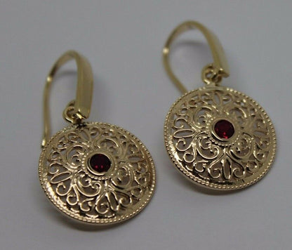 New 9ct Solid Yellow, Rose or White Gold Antique Ruby Filigree Drop Earrings -July Birthstone